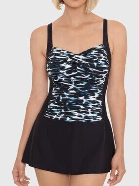 Swim Solutions Multi Color Printed Slimming One Piece Swimdress Swimsuit NWT!